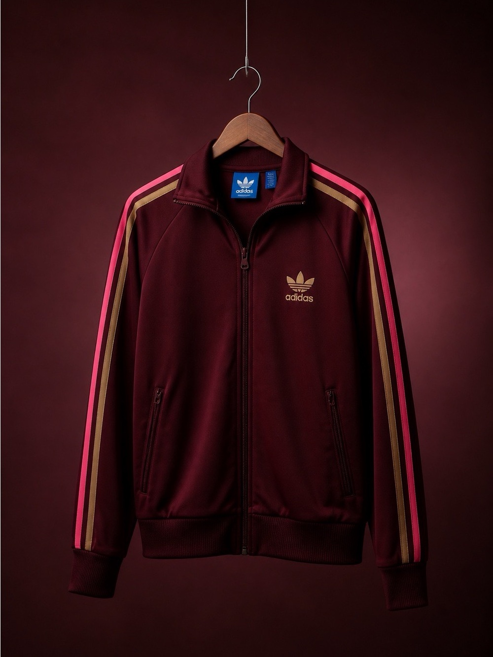 adidas Women's Maroon Track Jacket & with Pink and Gold Stripes